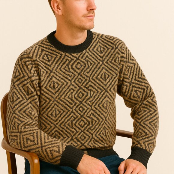 Vintage Bullock & Jones Alpaca Sweater XL Tan Black Geometric Made in Italy - Picture 1 of 9